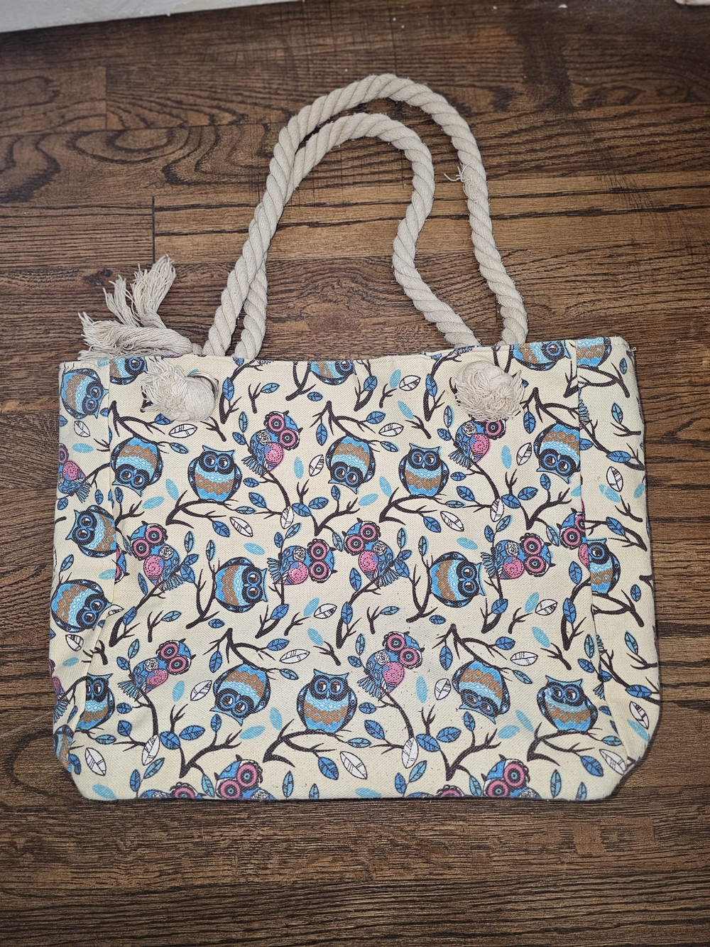 Canvas Owl Print Tote Bag with Rope Handles - Cream/Blue